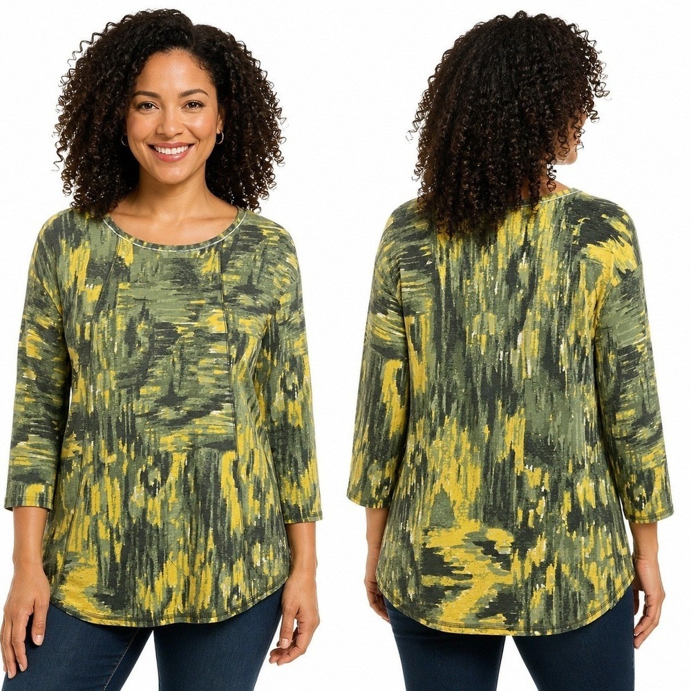 Westbound Top Womens Medium Green‎ Yellow Abstract Print 3/4 Sleeve Tunic Cotton